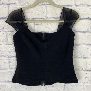 Tadashi Shoji Vintage Black Sheer Cap Sleeve Bandage Crop Top Bustier Size M